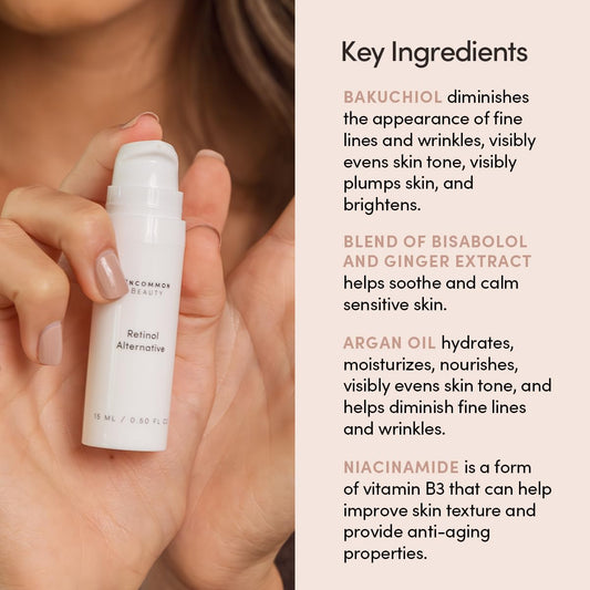 Retinol Alternative with Bakuchiol - Reduces the Look Of Wrinkles - All Skin Types, Vegan, Cruelty Free, Fragrance Free, .50 Fl OZ